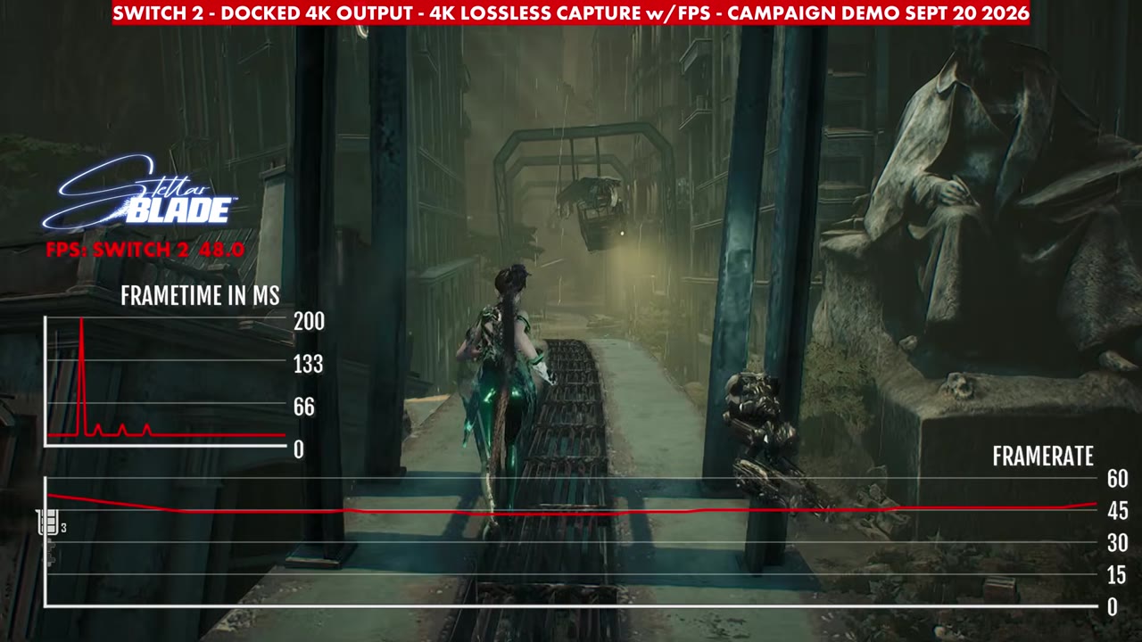 Stellar Blade demo docked on Switch 2 in the ruins area, overlay reading 48 FPS
