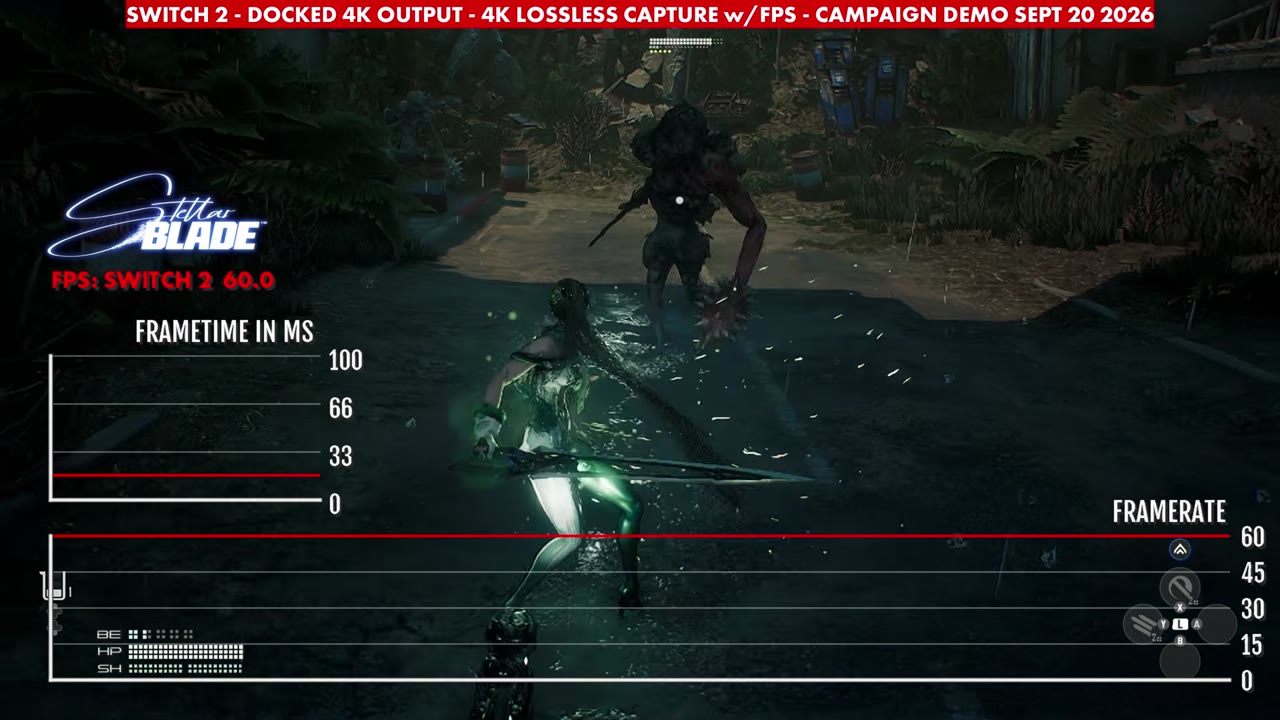 Stellar Blade demo docked on Switch 2 in the ruins area, overlay reading 60 FPS