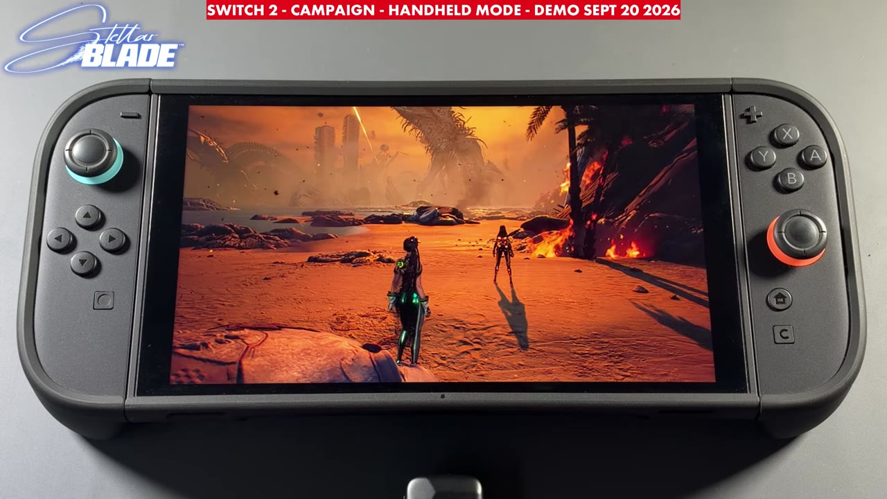 Stellar Blade demo in handheld mode on Nintendo Switch 2, desert beach area