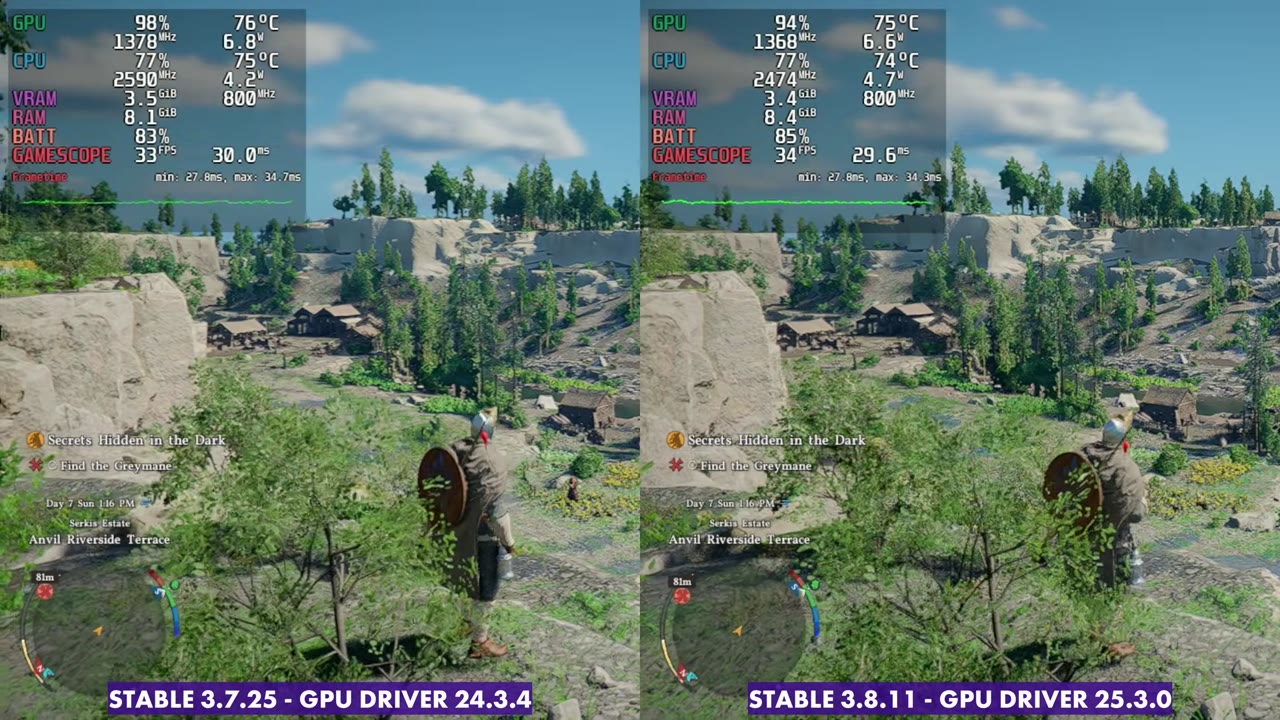 Crimson Desert on Steam Deck OLED side by side, SteamOS 3.7.25 at 33 FPS and 3.8.11 at 34 FPS