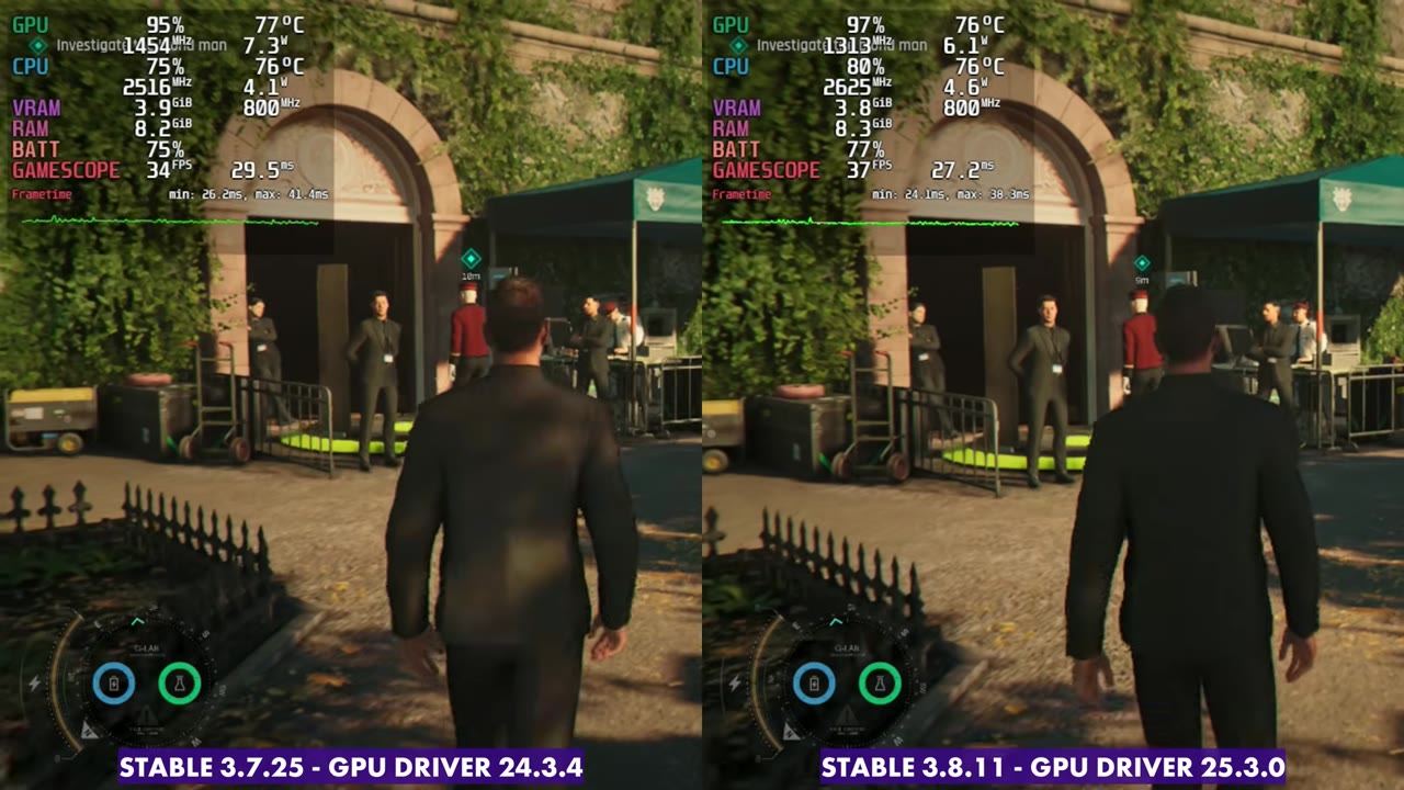 007 First Light on Steam Deck OLED side by side, SteamOS 3.7.25 at 34 FPS and 3.8.11 at 37 FPS