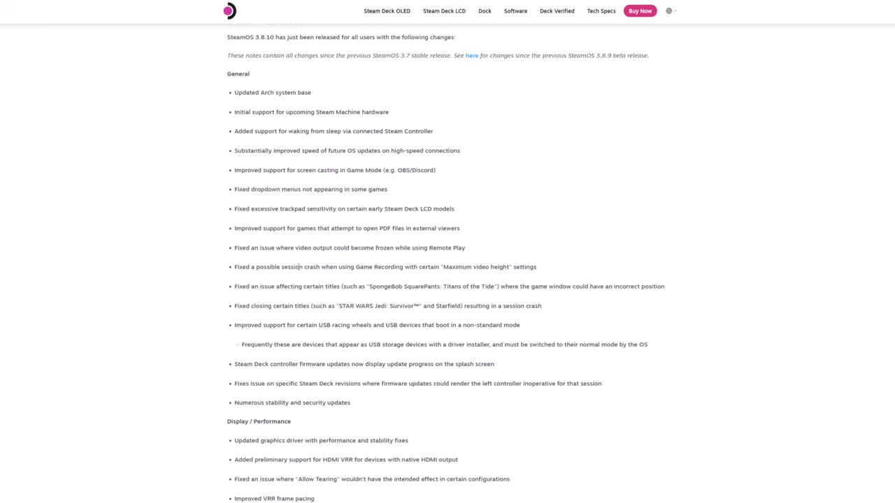 Valve's SteamOS 3.8.10 stable release notes on steamdeck.com