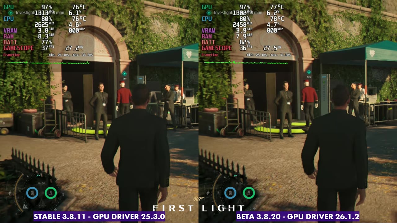 007 First Light on Steam Deck OLED, SteamOS stable at 37 FPS vs 3.8.20 beta at 36 FPS
