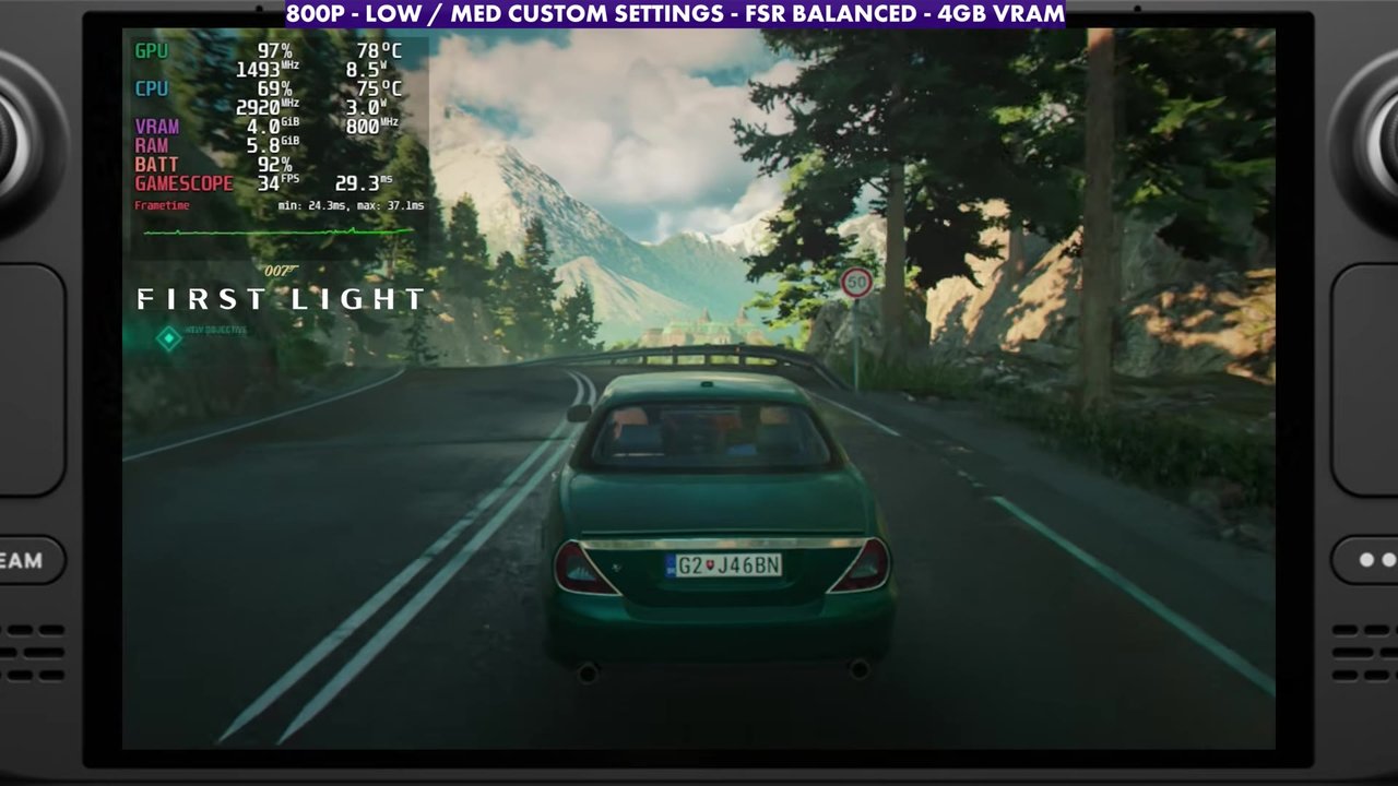 007 First Light driving on a mountain road on the Steam Deck OLED, overlay reading 34 FPS