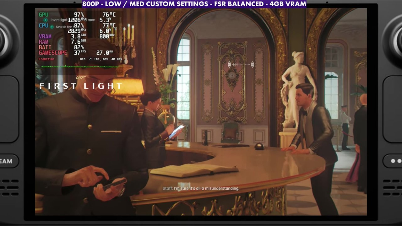 007 First Light hotel lobby on the Steam Deck OLED, overlay reading 37 FPS