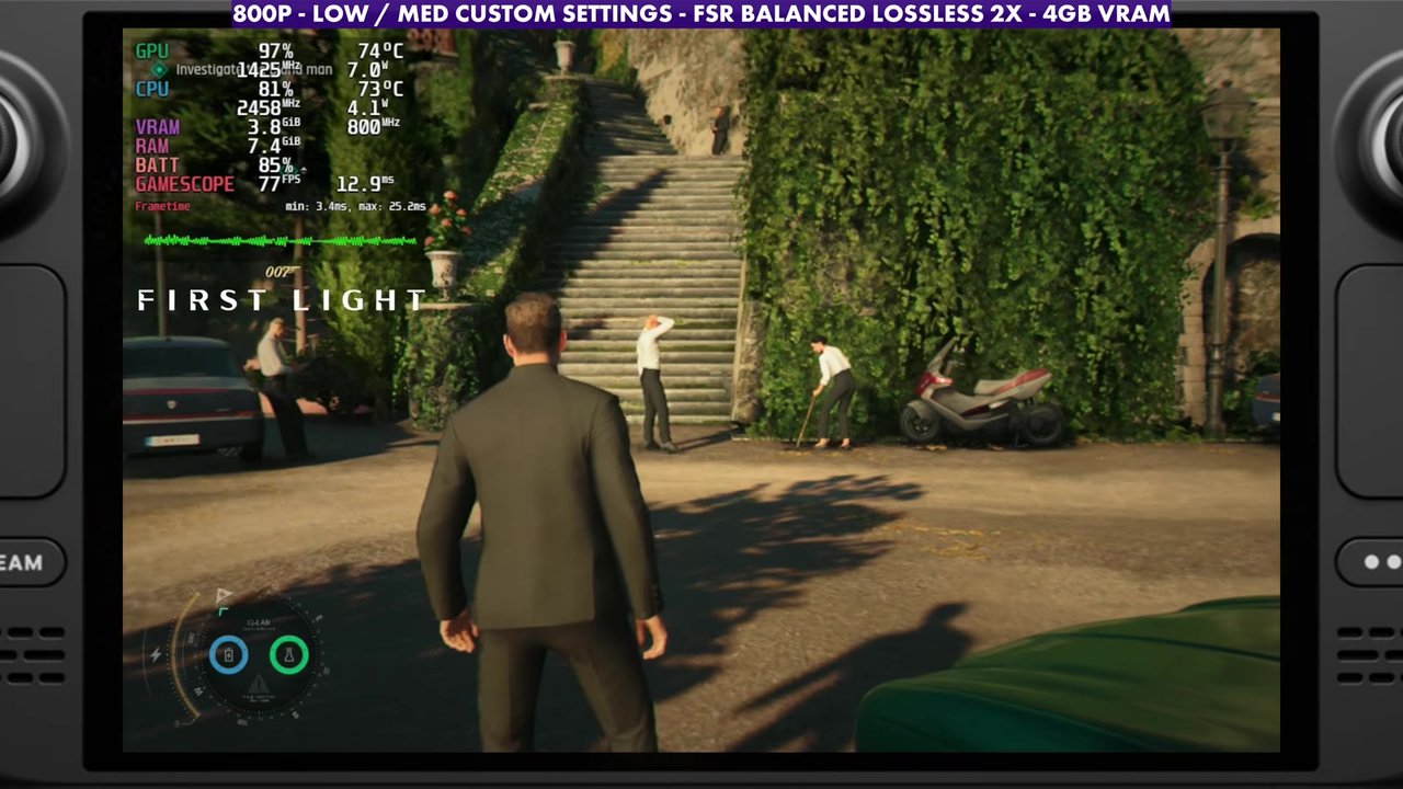 007 First Light with Lossless Scaling 2x on the Steam Deck OLED, overlay reading 77 FPS