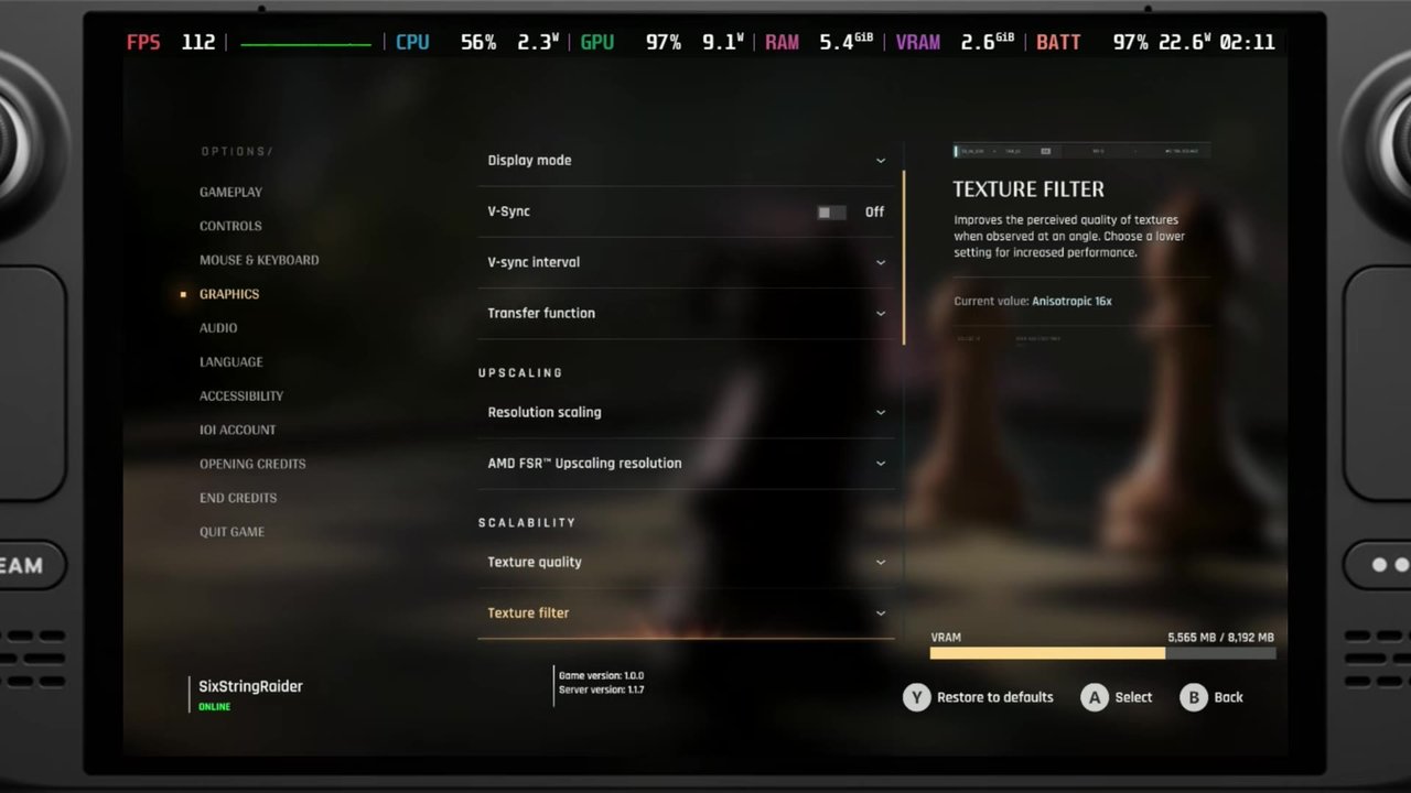 007 First Light graphics settings menu on the Steam Deck OLED
