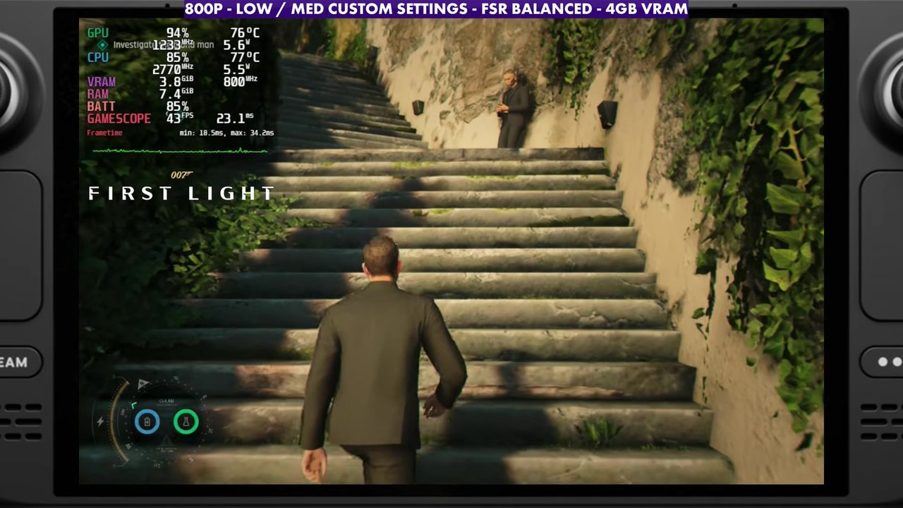 007 First Light walking up stone stairs on the Steam Deck OLED, overlay reading 43 FPS