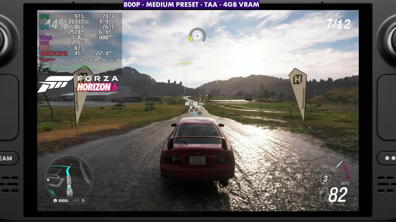 Forza Horizon 6 race on the Steam Deck OLED at 800p medium preset with TAA, overlay reading 45 FPS