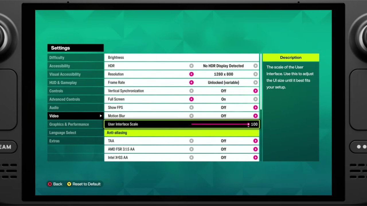 Forza Horizon 6 video settings on the Steam Deck OLED: 1280x800, unlocked frame rate, V-sync off