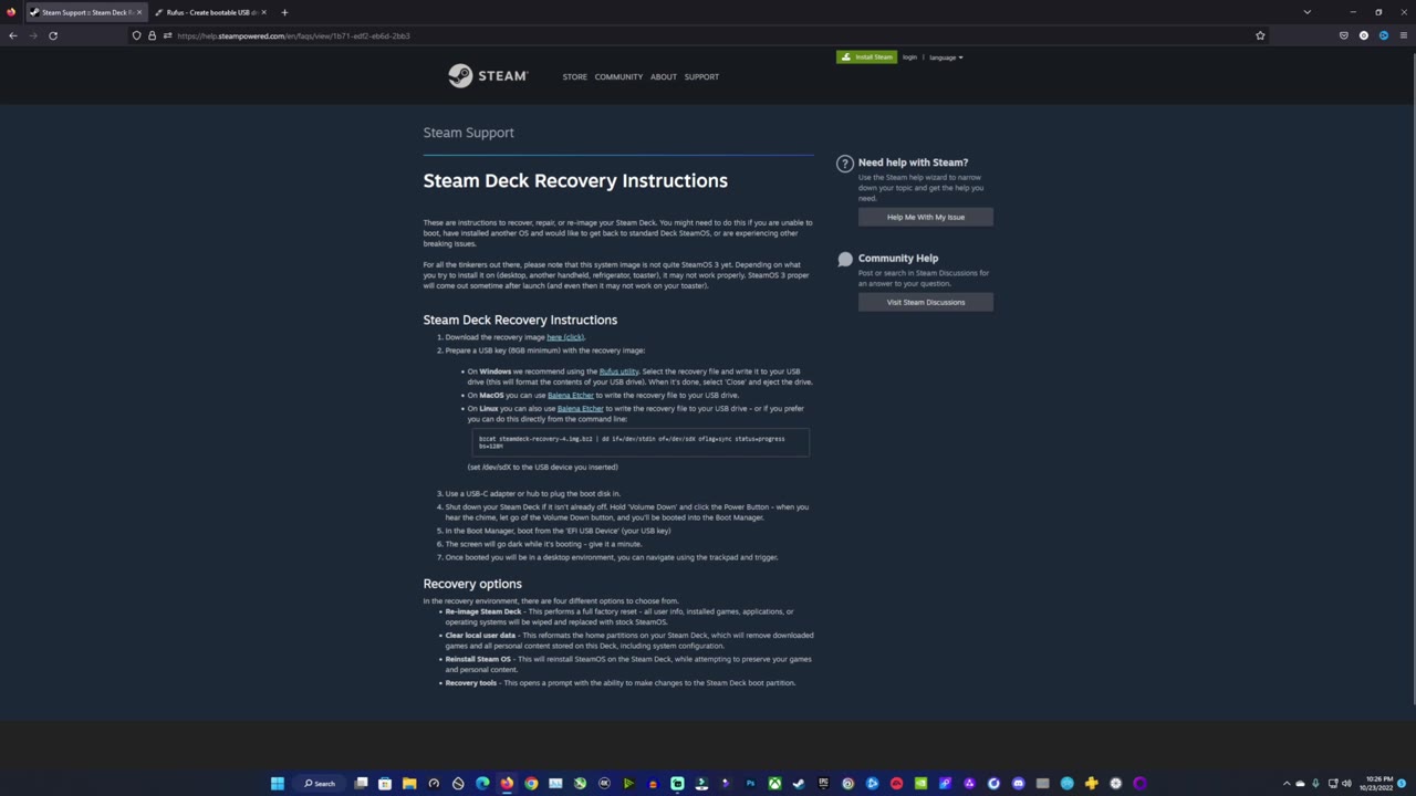 Valve's Steam Deck Recovery Instructions page