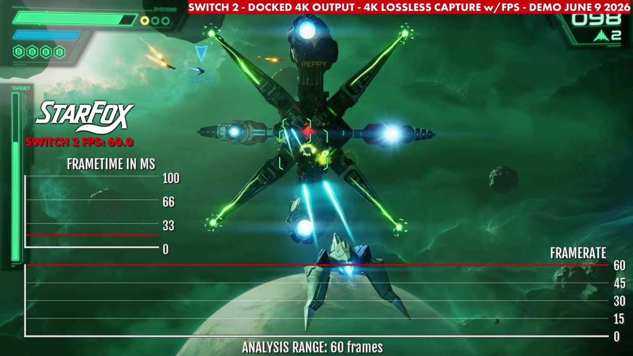 Star Fox demo boss fight docked on Switch 2, overlay reading 60.0 FPS