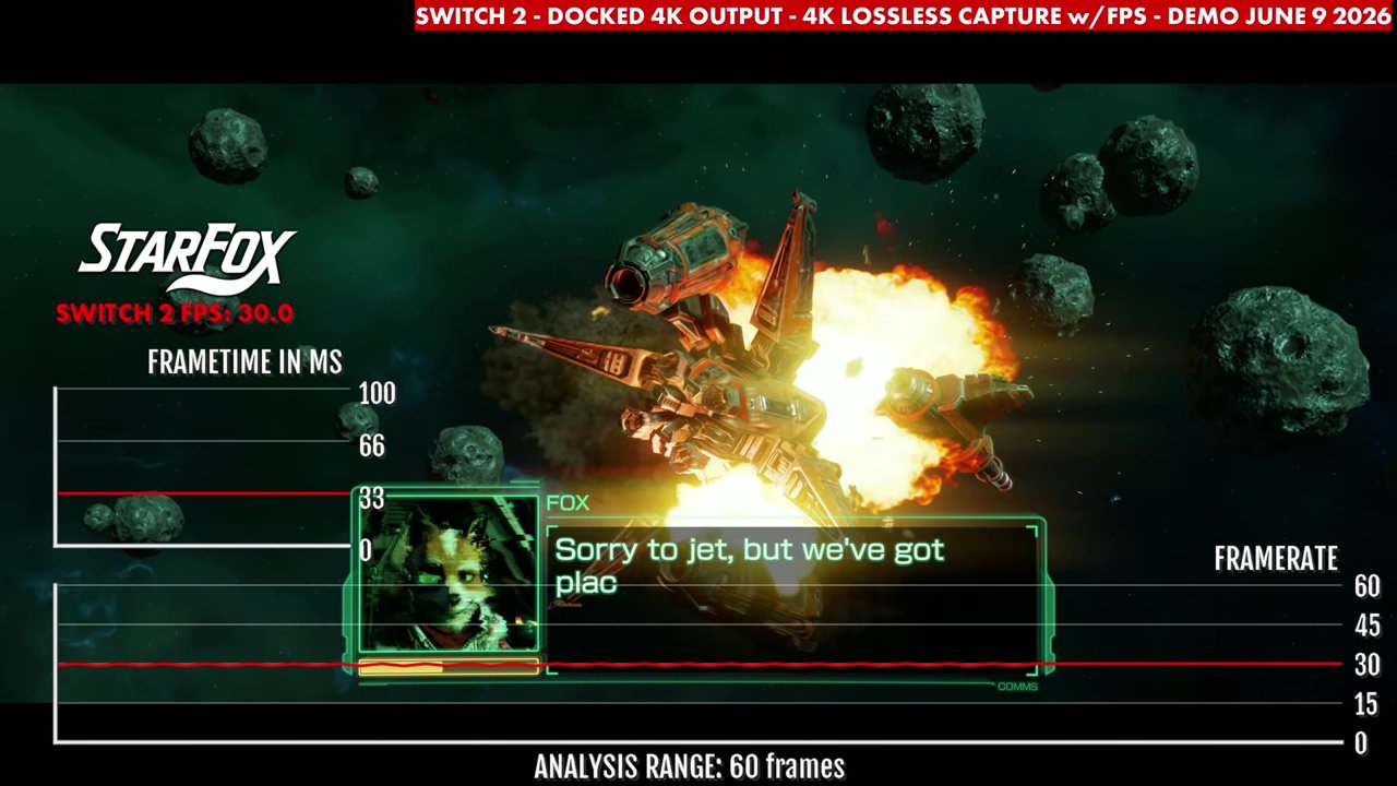 Star Fox demo closing cutscene docked on Switch 2, overlay reading 30.0 FPS