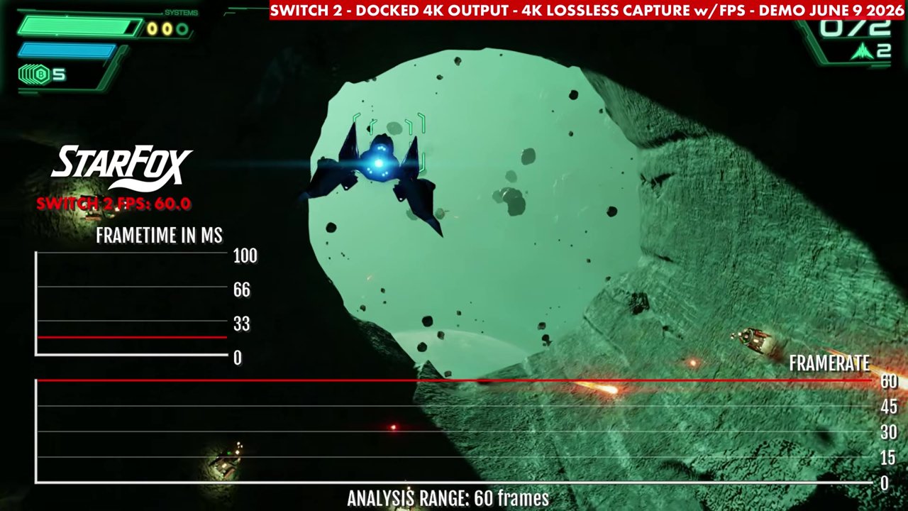 Star Fox demo docked on Switch 2 near a large asteroid, overlay reading 60.0 FPS