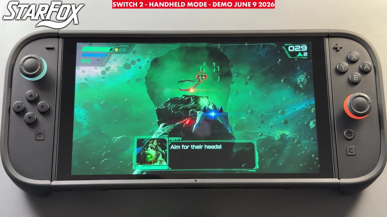 Star Fox demo in handheld mode on Nintendo Switch 2 in the Meteo asteroid field