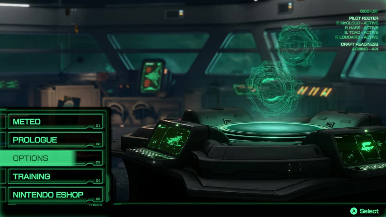 Star Fox demo main menu on Switch 2 with Meteo, Prologue, Options, Training and Nintendo eShop