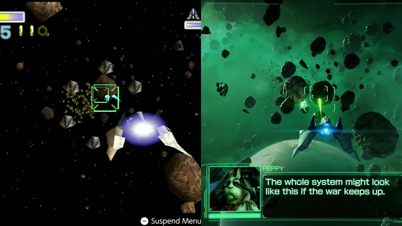 Star Fox 64 on Nintendo Switch Online next to the new Star Fox on Switch 2 in the Meteo asteroid field