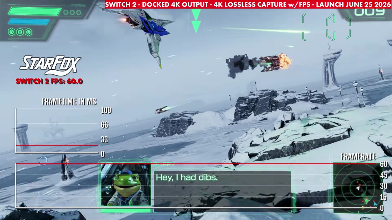 Star Fox docked on Switch 2 in a snowy stage, overlay reading 60.0 FPS