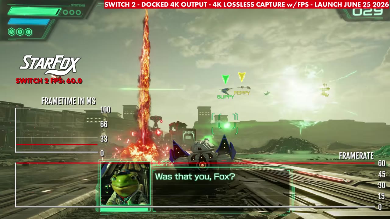 Star Fox docked on Switch 2, overlay reading 60.0 FPS during a campaign stage