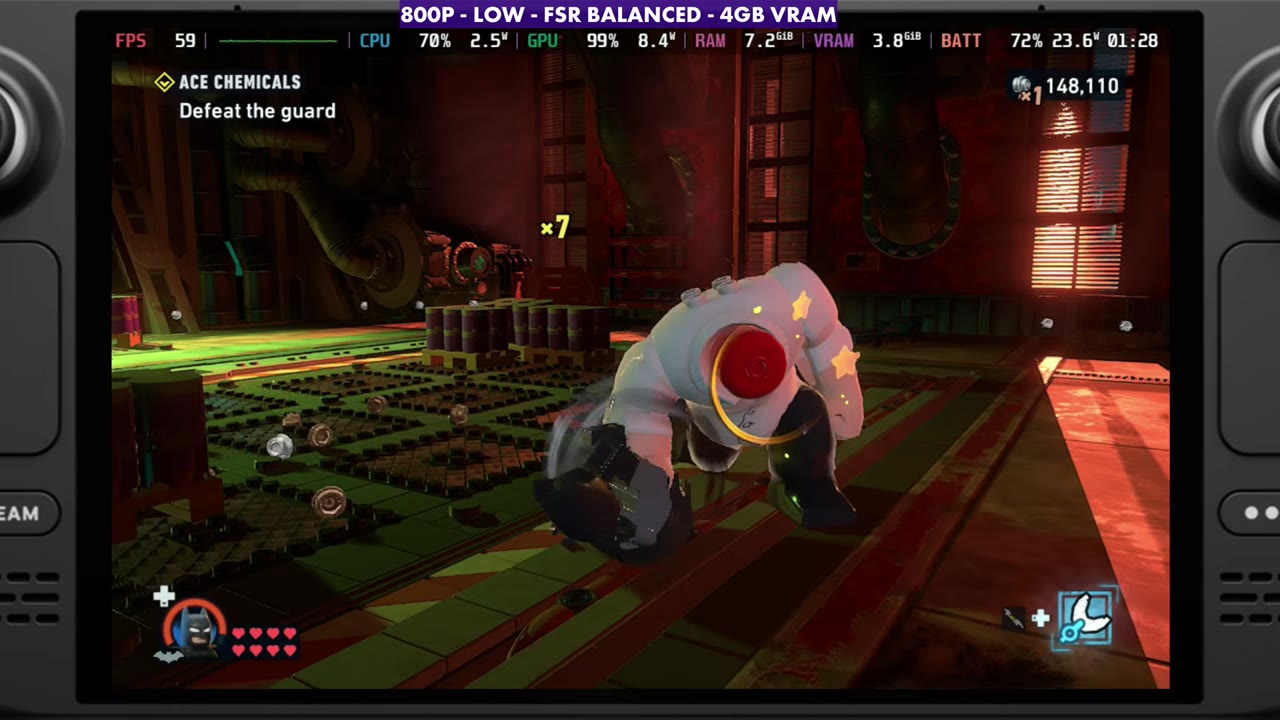 LEGO Batman Ace Chemicals fight on the Steam Deck, overlay reading 59 FPS