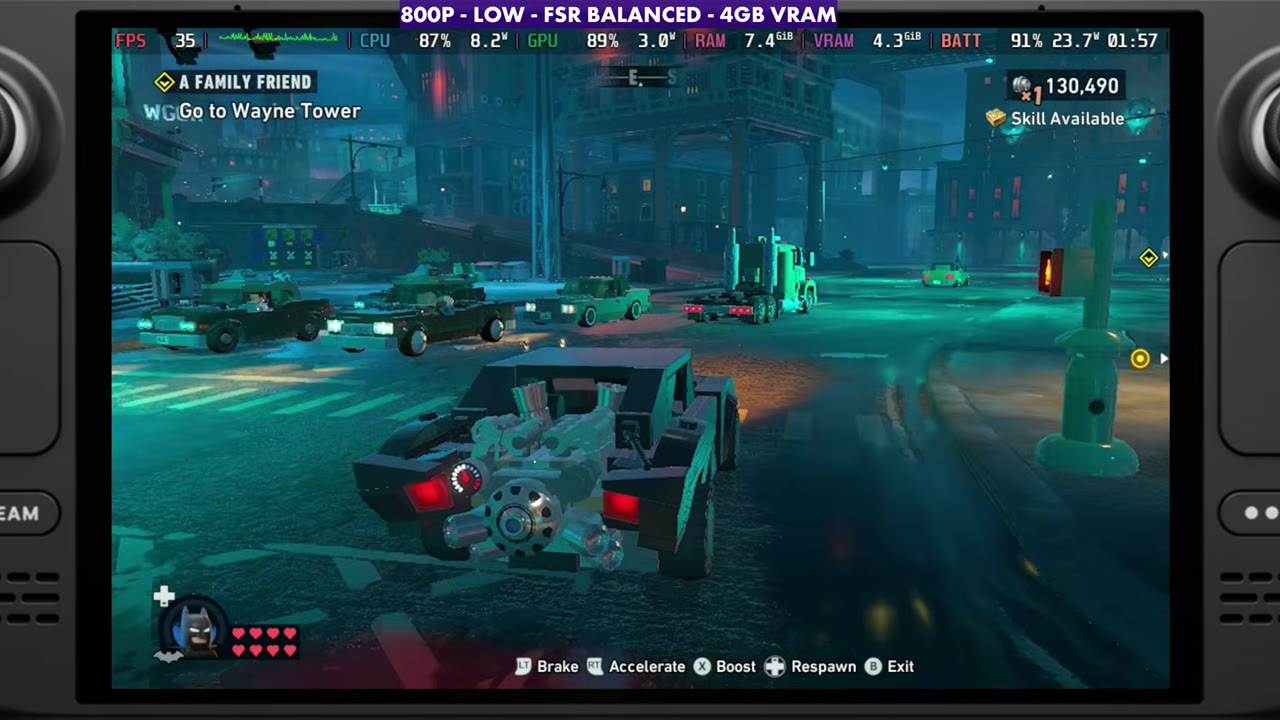 LEGO Batman driving the Batmobile on the Steam Deck at 800p low FSR Balanced, overlay reading 35 FPS