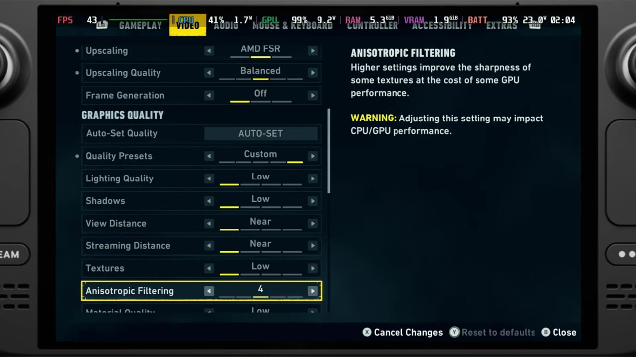 LEGO Batman custom low graphics settings on the Steam Deck with anisotropic filtering at 4