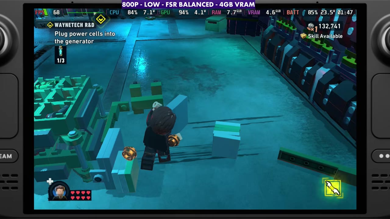 LEGO Batman WayneTech R&D indoor mission on the Steam Deck, overlay reading 68 FPS