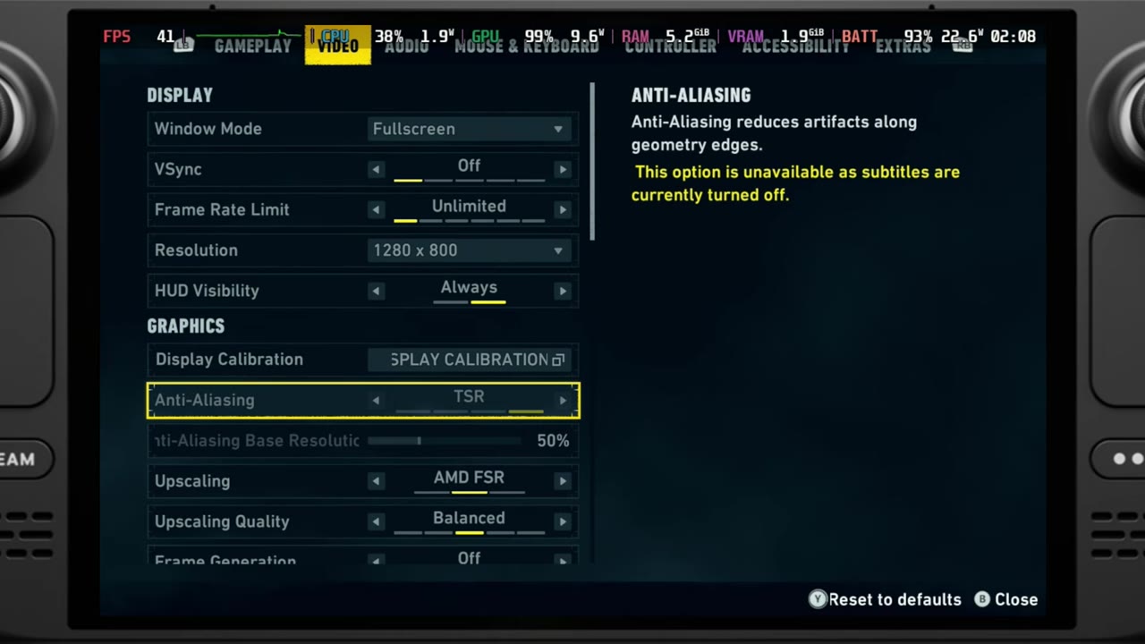 LEGO Batman display settings on the Steam Deck: fullscreen, 1280x800, V-sync off, TSR, AMD FSR Balanced
