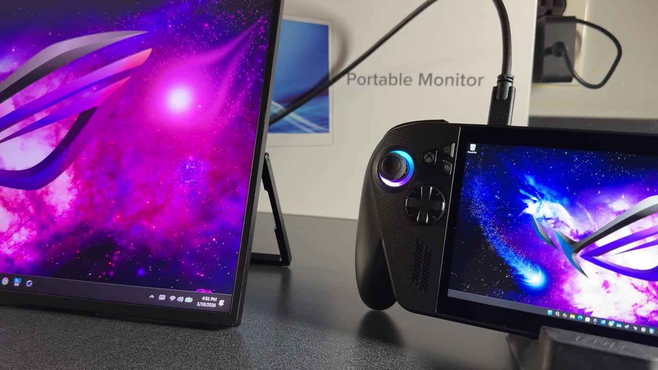ROG Xbox Ally X connected to the UPerfect 4K QLED portable monitor