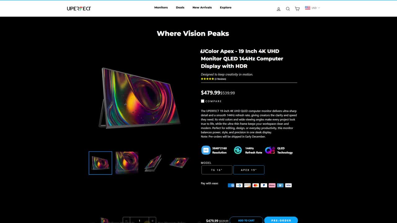 UPerfect website listing for the UColor Apex 19-inch 4K QLED monitor