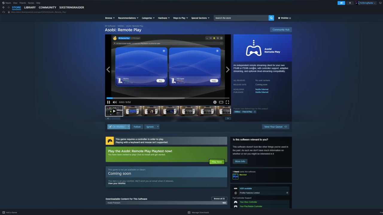 Asobi: Remote Play store page on Steam with the playtest option