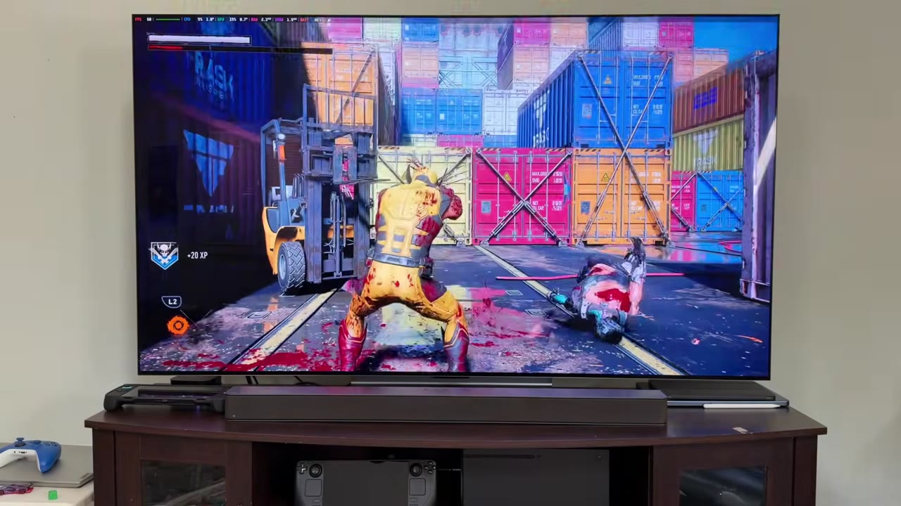 Marvel's Wolverine streaming at 4K from a docked Steam Deck to a 65-inch OLED TV