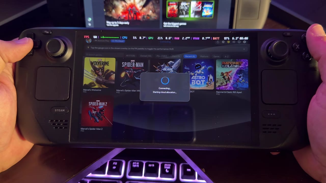 Asobi connecting to PlayStation cloud on the Steam Deck, with Marvel's Wolverine in the recent games