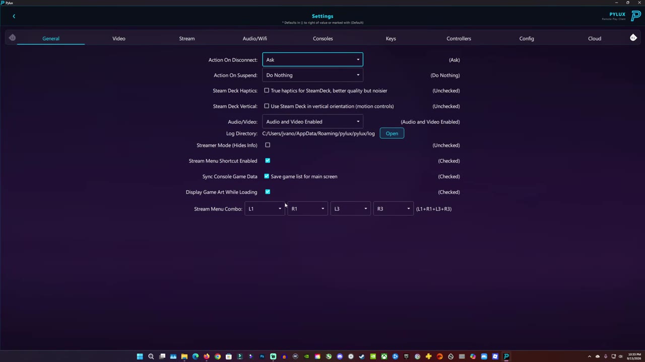 Pylux settings on Windows