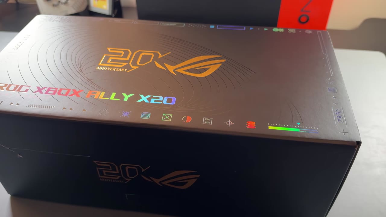 ROG Xbox Ally X20 20th anniversary box in black and gold