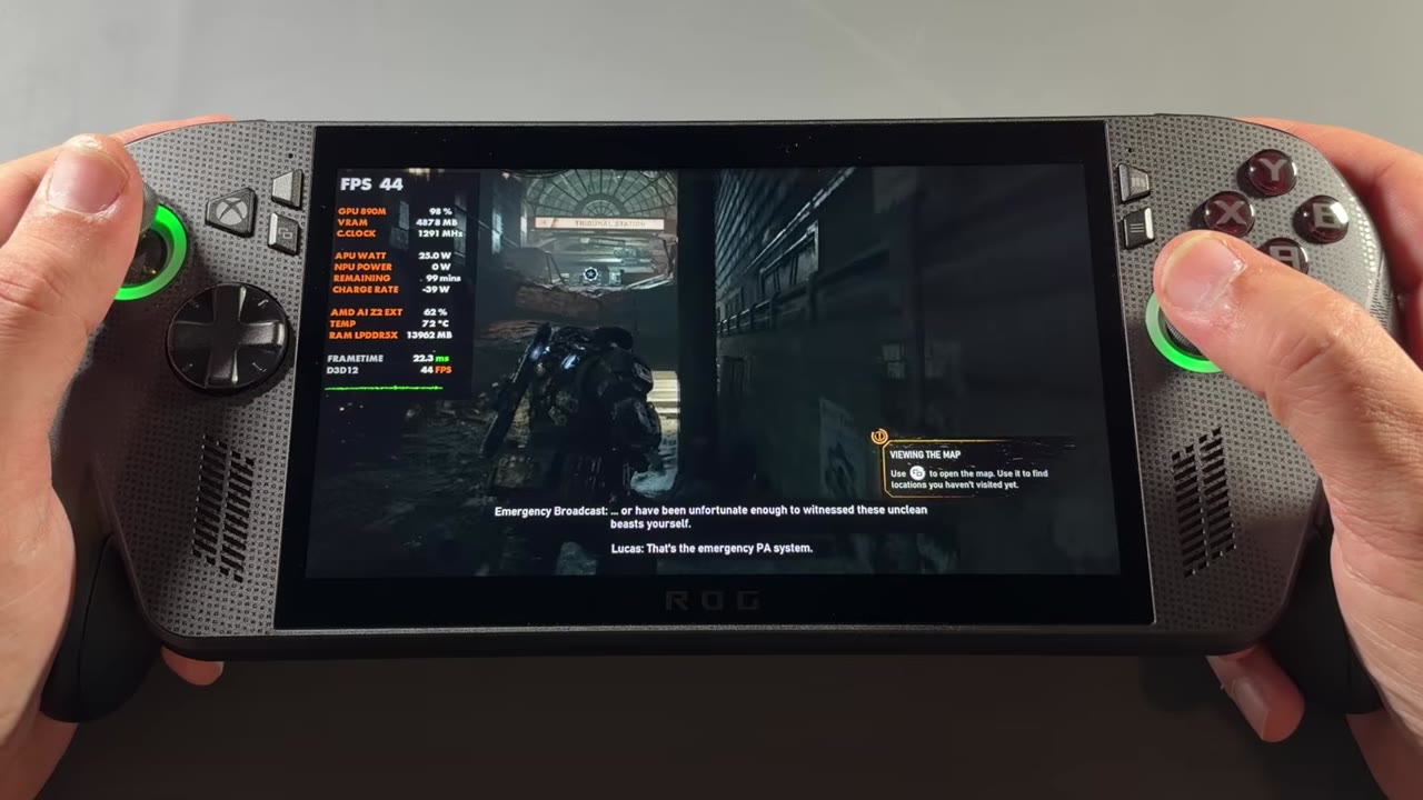 Gears of War E-Day on the original ROG Xbox Ally X at 44 FPS, 25 W and 72 degrees