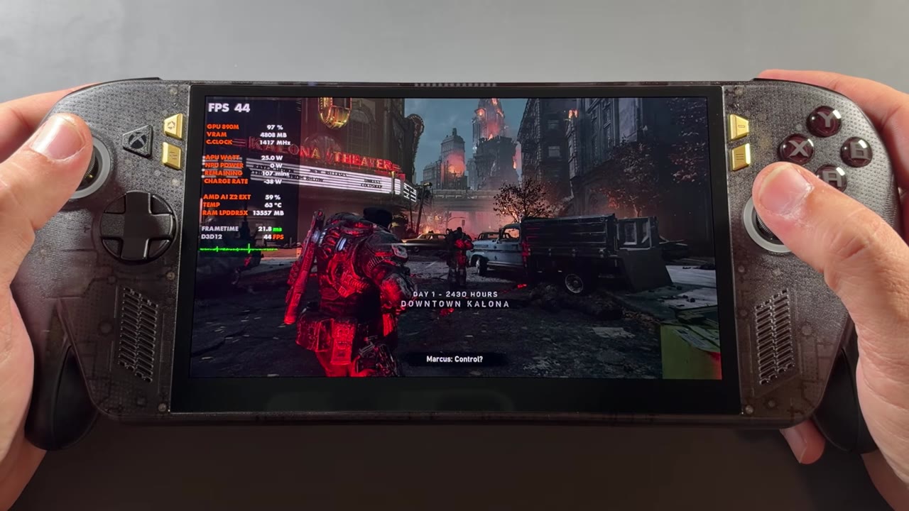 Gears of War E-Day on the ROG Xbox Ally X20 at 44 FPS, 25 W and 63 degrees