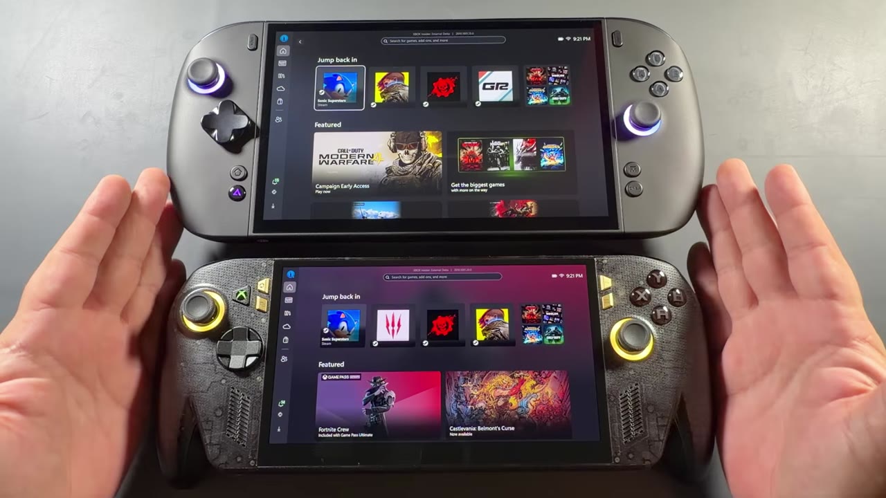 Original ROG Xbox Ally X above the ROG Xbox Ally X20, showing the larger OLED screen
