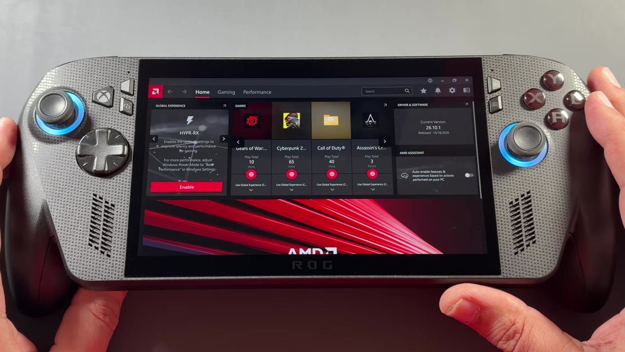 AMD Adrenalin home screen on the ROG Xbox Ally X showing driver version 26.10.1 released 10/18/2026