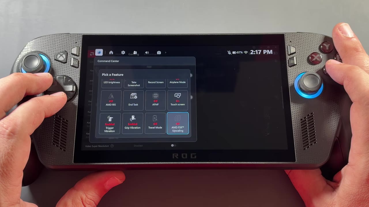 Customizing Command Center on the ROG Xbox Ally X to add the AMD FSR Upscaling tile