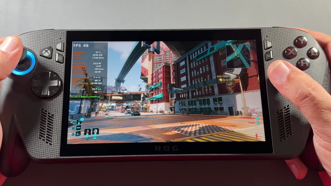 Cyberpunk 2077 gameplay on the ROG Xbox Ally X with the FSR 4.1 preview driver, overlay at 48 FPS