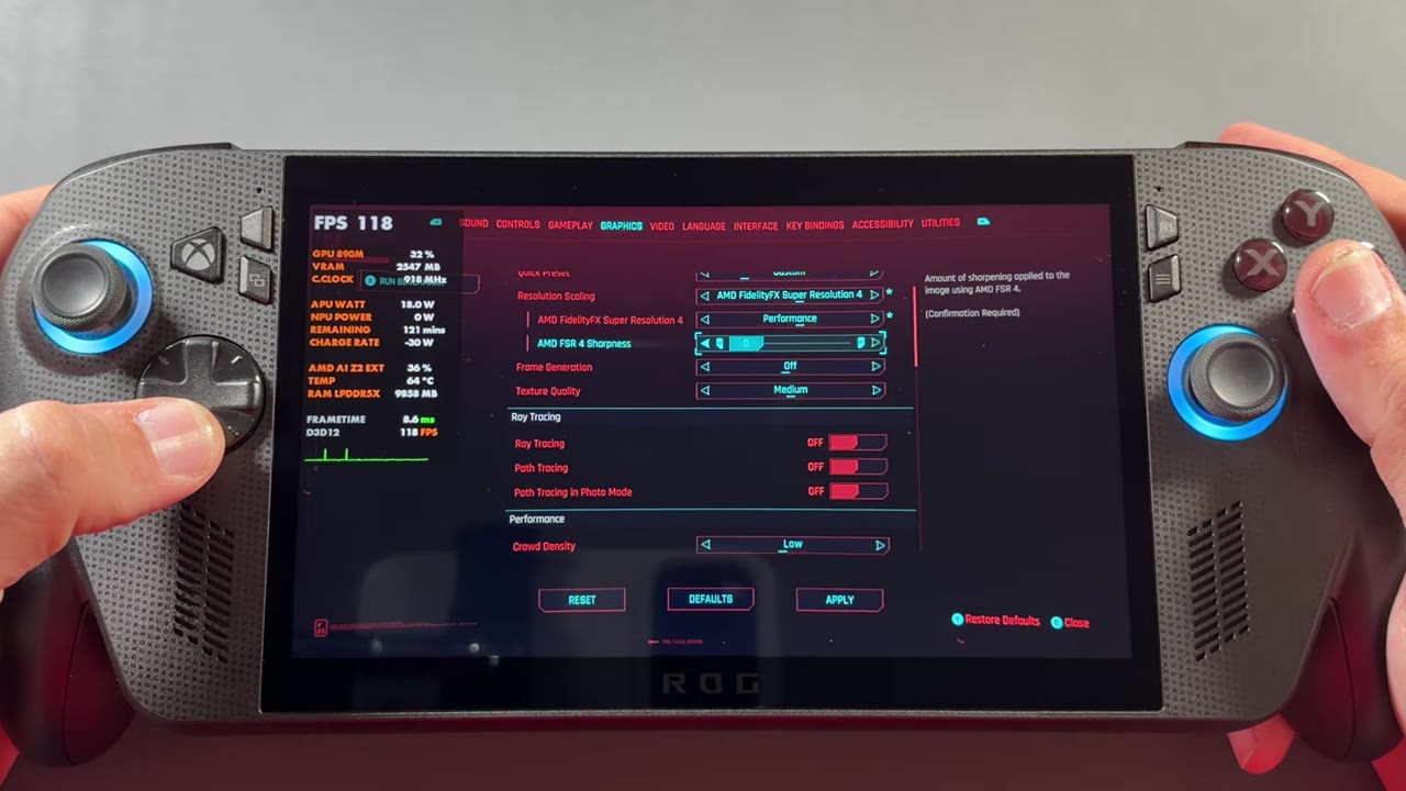 Cyberpunk 2077 graphics menu on the ROG Xbox Ally X with AMD FidelityFX Super Resolution 4 set to Performance
