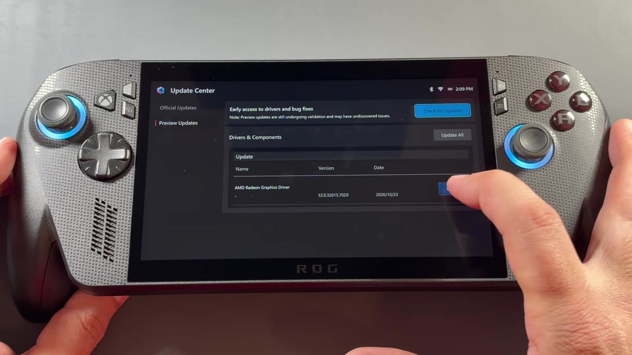 Armoury Crate SE Update Center on the ROG Xbox Ally X showing the Preview Updates tab with the AMD Radeon graphics preview driver
