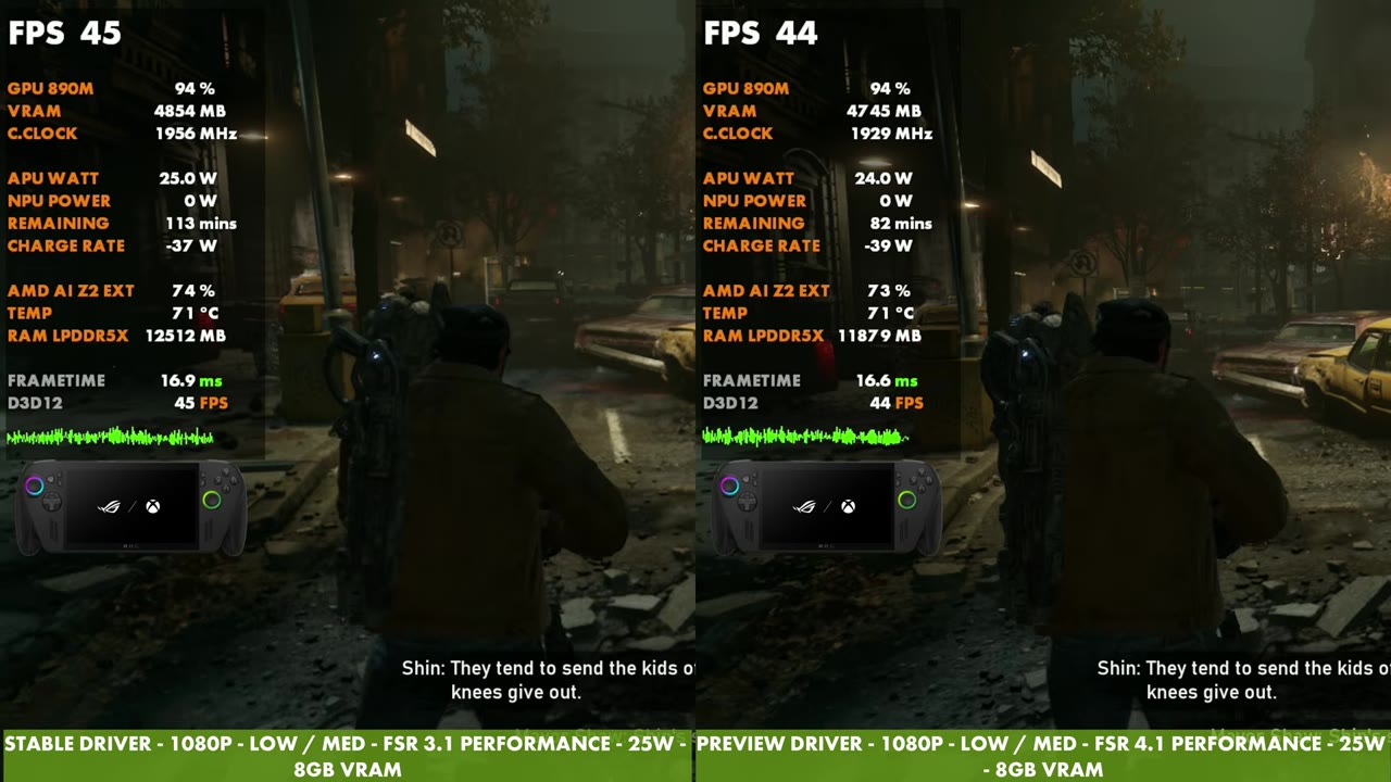 Gears of War: E-Day side by side, FSR 3.1 Performance at 45 FPS and FSR 4.1 Performance at 44 FPS