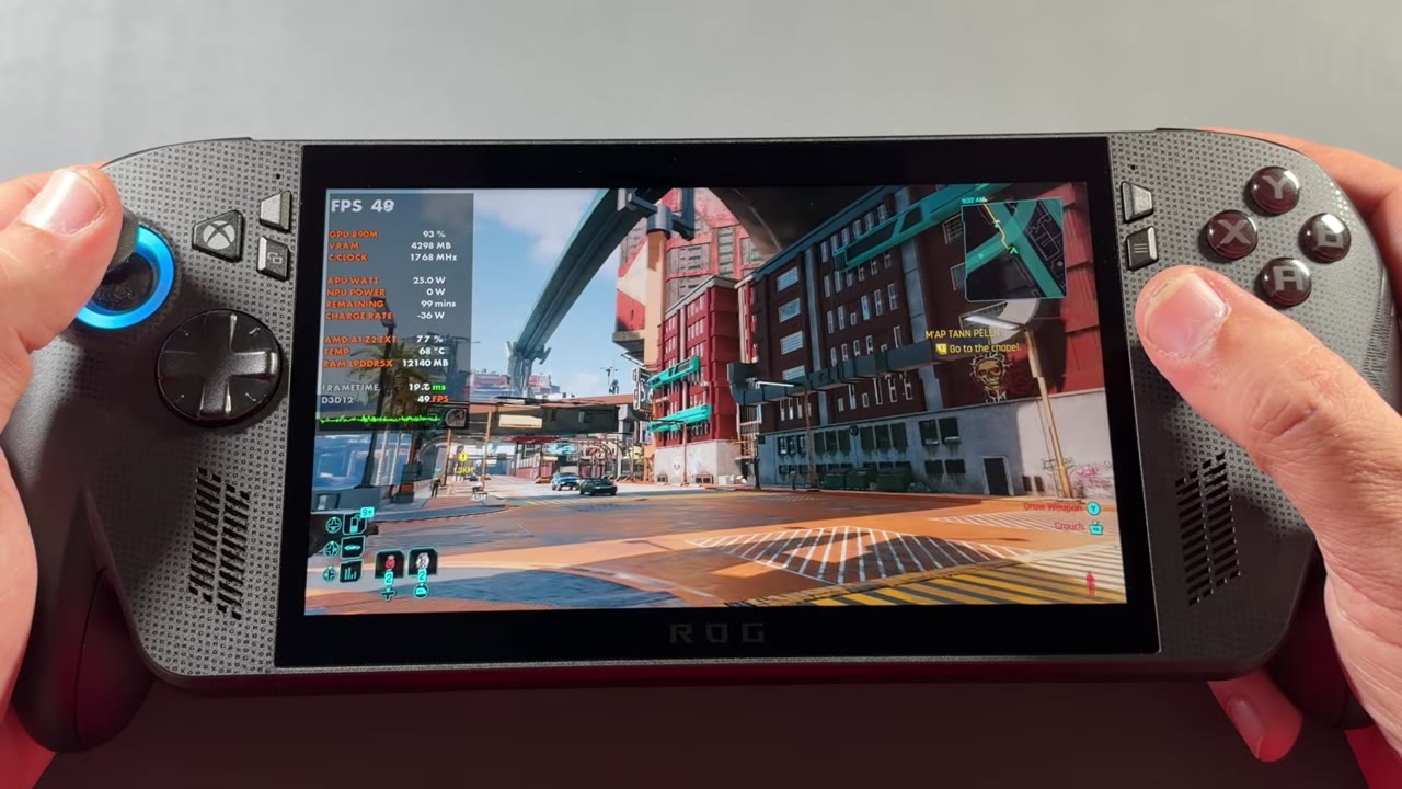 Cyberpunk 2077 running on the ROG Xbox Ally X held in hand with a performance overlay on screen