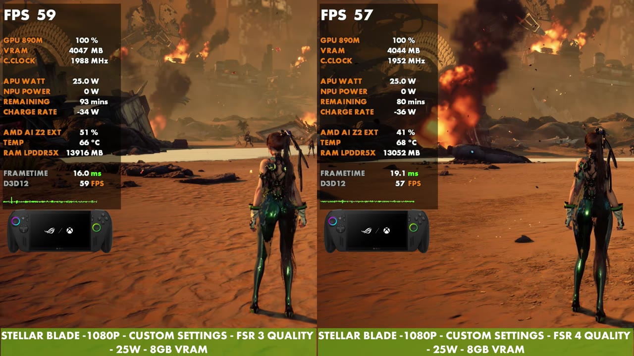 Stellar Blade side by side on the ROG Xbox Ally X, FSR 3 Quality at 59 FPS and FSR 4 Quality at 57 FPS