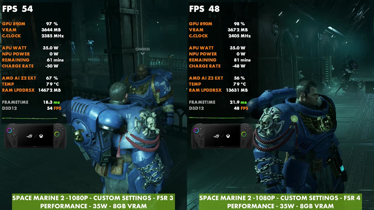 Space Marine 2 side by side on the ROG Xbox Ally X at 35W, FSR 3 Performance at 54 FPS and FSR 4 Performance at 48 FPS