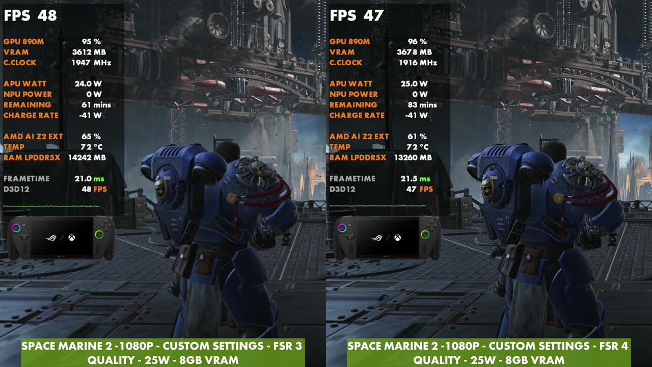 Space Marine 2 side by side at 25W, FSR 3 Quality at 48 FPS and FSR 4 Quality at 47 FPS