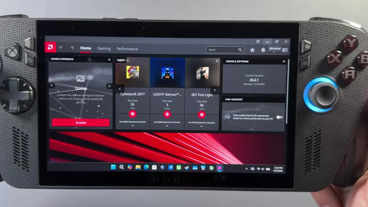 AMD Adrenalin on the ROG Xbox Ally X showing current driver version 26.6.1 released 5/29/2026