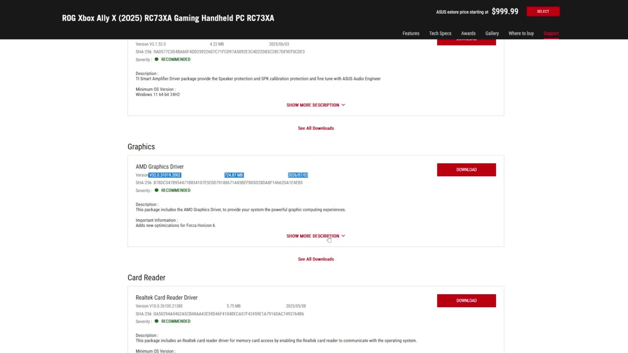ROG Xbox Ally X support page showing AMD Graphics Driver V32.0.31019.2002 dated 2026/07/02 with new optimizations for Forza Horizon 6